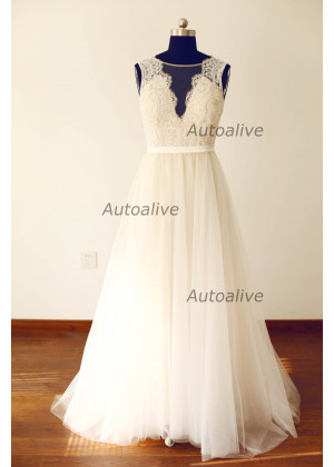 Ivory Lace Tulle Beach Wedding Dress With Champagne Lining